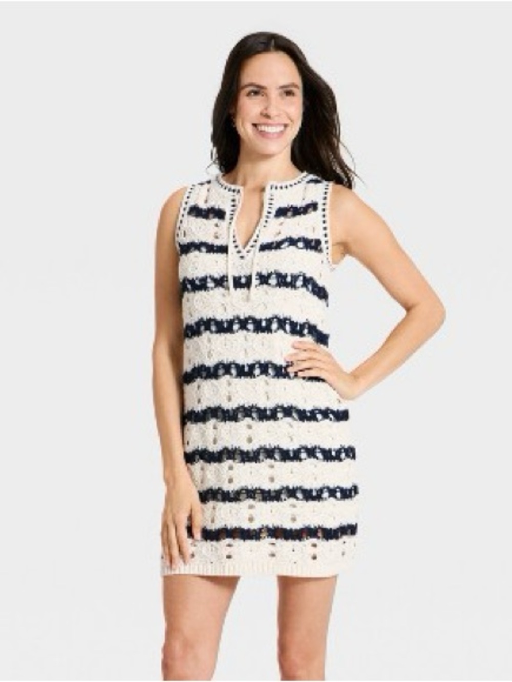 Universal Thread Navy Blue White Stripe Crochet Knit Sleeveless Sweater Dress M